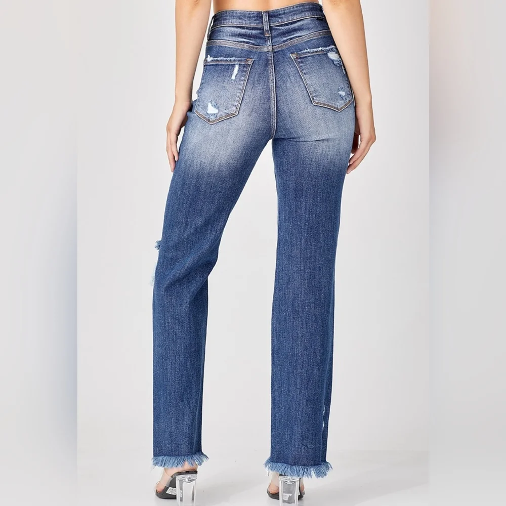 RISEN Torn High-Rise Distressed Jeans Retro Straight Leg Classic Denim Pants_5